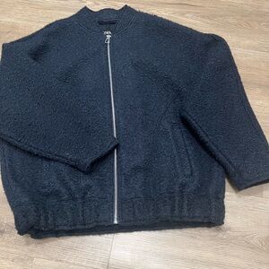 Zara Black Fuzzy fleece oversized Zip Jacket with Silver Hardware